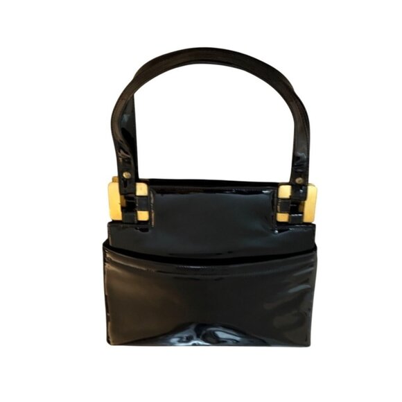 Lux Black Patent Leather Handbag Glossy VTG 60s Top Handles Gold Tone Hardware - Picture 2 of 14